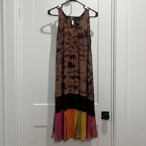 Lola P. Woman’s Brown/Tan/Pink/Yellow/Orange Tie Dye Flowy Sun Dress, Size Large
